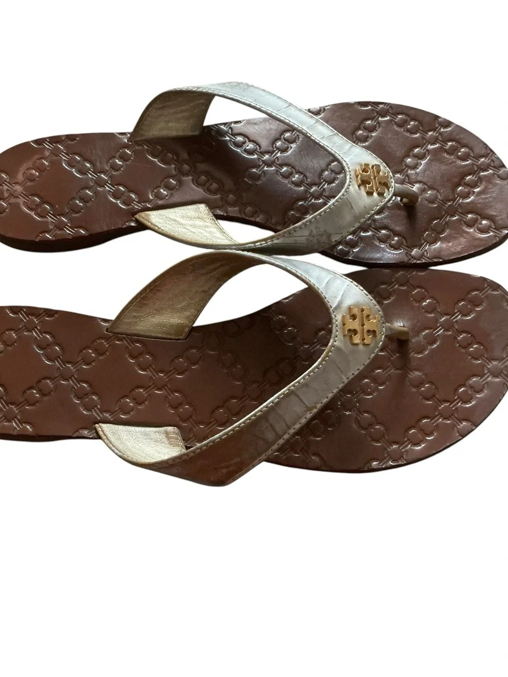 Tory Burch Thora thong sandals metallic leather strap gold logo size 8